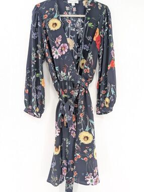 Amour Vert 100% Silk Navy Floral Long Sleeve Wrap Holiday Party Dress Size XL
